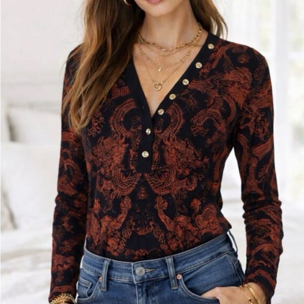 Johnny was womens xs mayla button neck long sleeve tee‎ dragons rust black